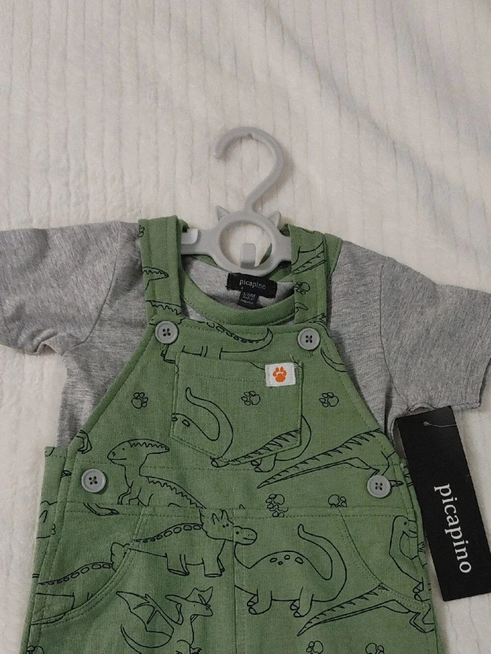 2 PC Picapino Green Dino Short Overalls with Gray Tee